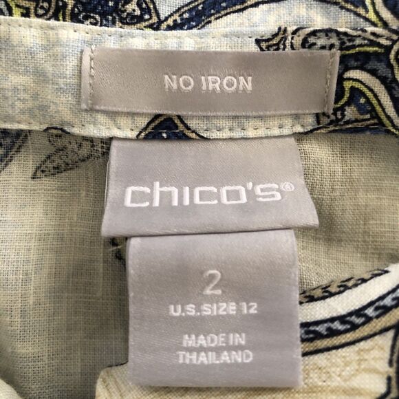 Chico's Women 2/US 12 Button Up Linen Shirt blue Paisley 3/4 Sleeve No Iron Top - Picture 3 of 3